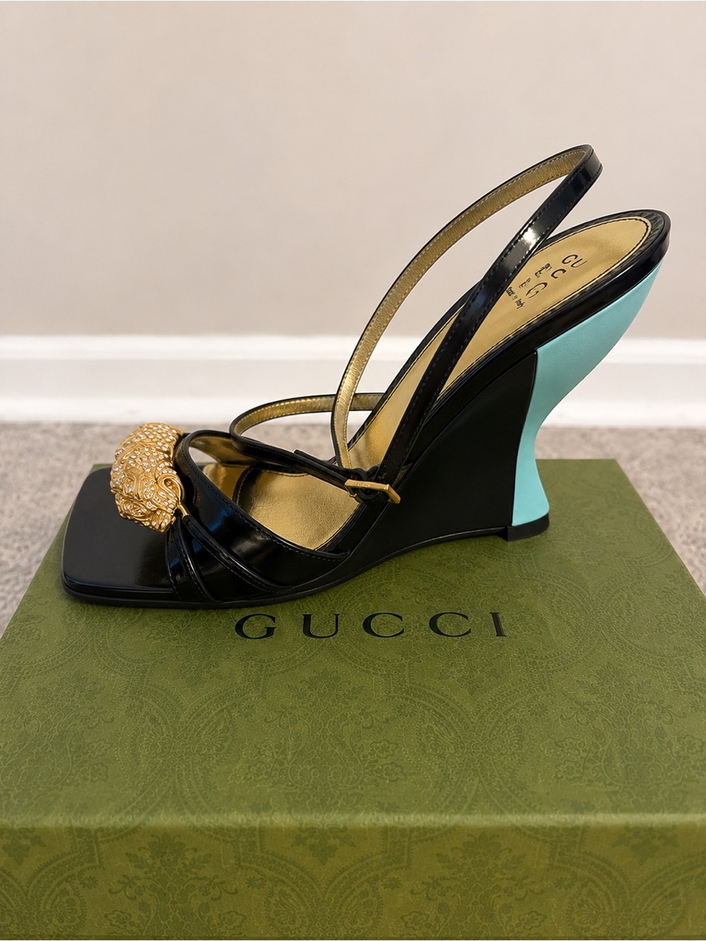 Authentic Gucci Black Patent Leather Snake-Embellished Wedge Heels